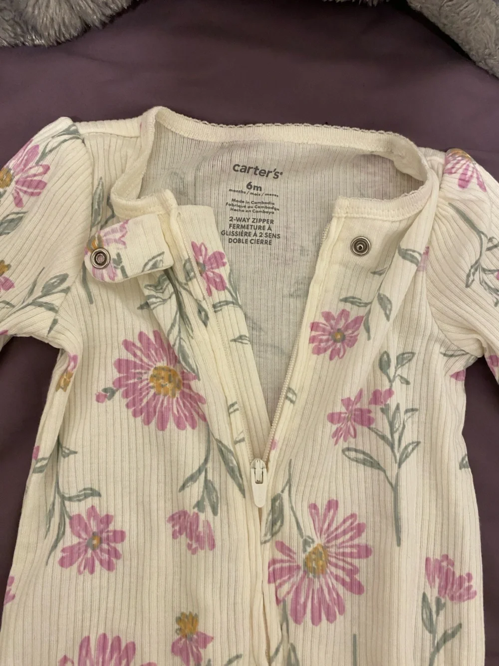 Carter's Cream Ribbed Baby Romper with Pink Floral Print